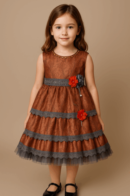Elegant Brown and Grey Tiered Girls' Dress with Floral Embellishment