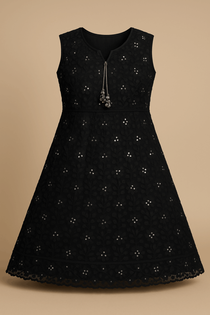  A sleeveless black A-line dress with subtle embellishments and a decorative tassel detail at the neckline.
