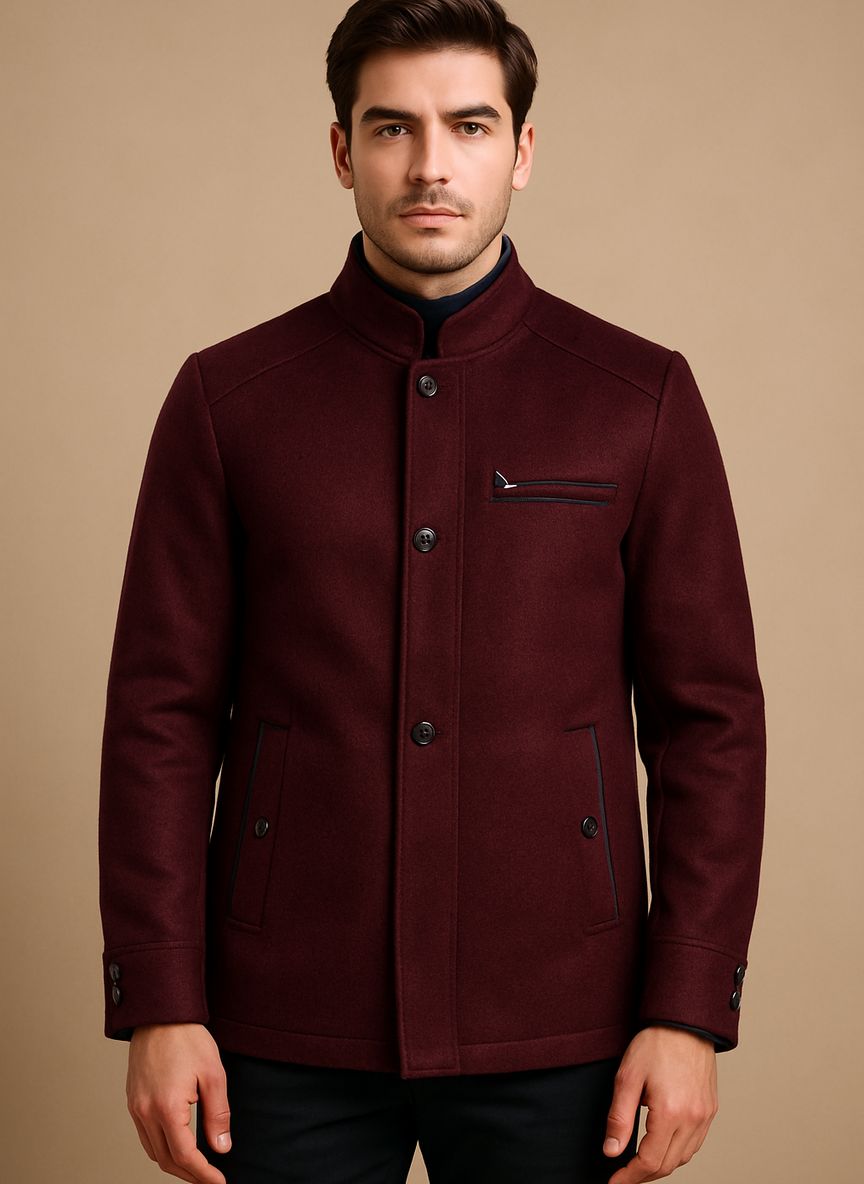 Men's Maroon Stand-Collar Jacket Style. Man in maroon stand-collar jacket.