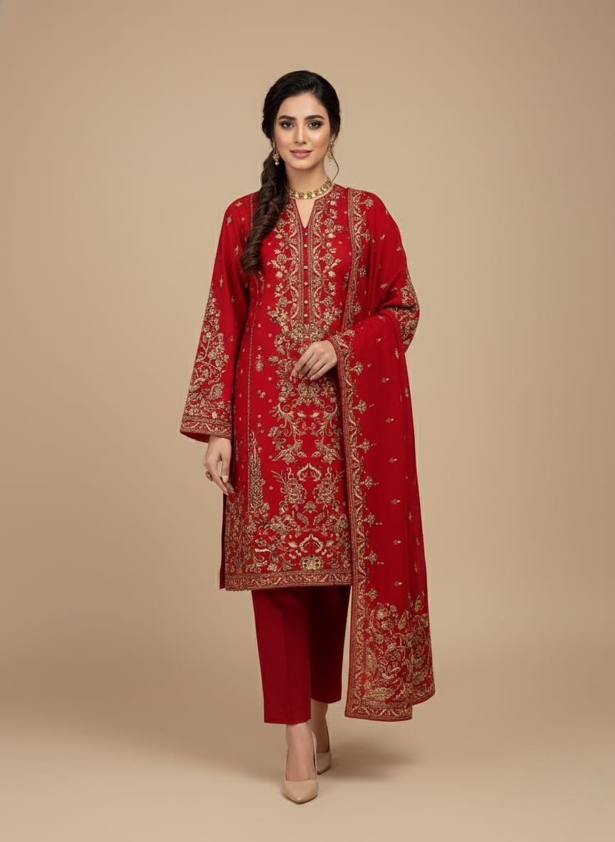 Red Embroidered Fabric - Gold Zari Work for Traditional Attire Red embroidered fabric, gold zari work, traditional textile, fancy fabric, dress material, red and gold embroidery