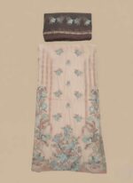 Peach embroidered chiffon fabric, teal floral embroidery, sheer fabric, dress material, elegant textile, floral pattern