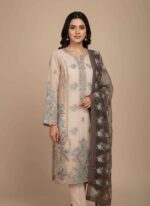 Peach embroidered chiffon fabric, teal floral embroidery, sheer fabric, dress material, elegant textile, floral pattern