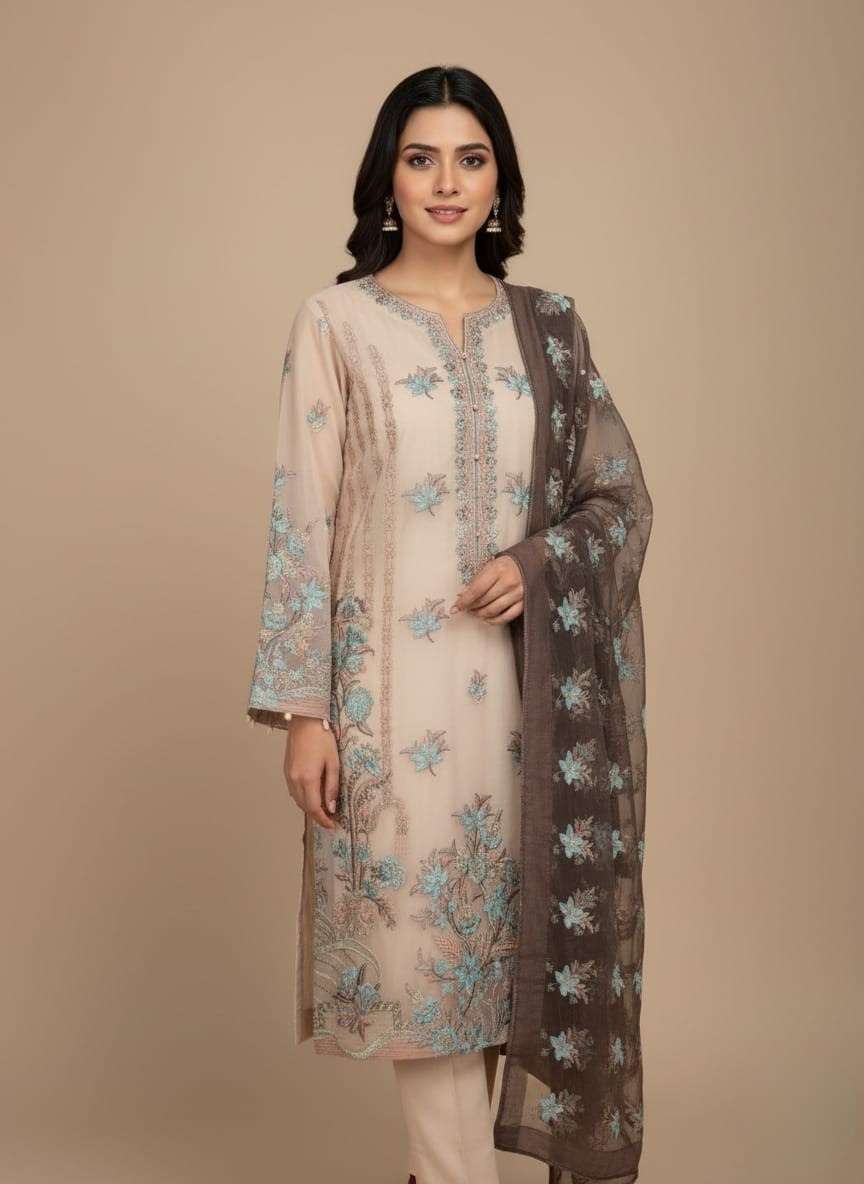 Embroidered Chiffon Fabric - Peach & Teal Floral Design Peach embroidered chiffon fabric, teal floral embroidery, sheer fabric, dress material, elegant textile, floral pattern