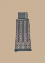Unstitched charcoal grey chiffon suit fabric with vertical panels of intricate pink and green floral embroidery, along with geometric patterns at the bottom and a matching plain grey dupatta with a single floral motif.