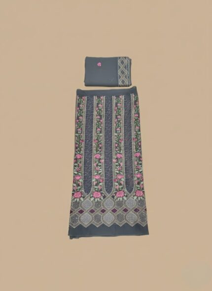 Unstitched charcoal grey chiffon suit fabric with vertical panels of intricate pink and green floral embroidery, along with geometric patterns at the bottom and a matching plain grey dupatta with a single floral motif.