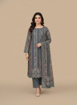 Unstitched charcoal grey chiffon suit fabric with vertical panels of intricate pink and green floral embroidery, along with geometric patterns at the bottom and a matching plain grey dupatta with a single floral motif.