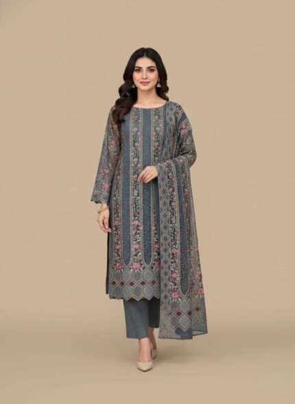 Unstitched charcoal grey chiffon suit fabric with vertical panels of intricate pink and green floral embroidery, along with geometric patterns at the bottom and a matching plain grey dupatta with a single floral motif.