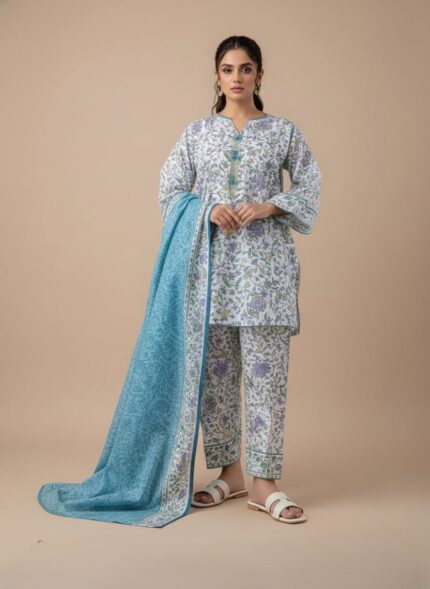 Two folded pieces of 3 PC unstitched lawn fabric, one with a blue base and floral border, and the other with a white base and purple and green floral print.