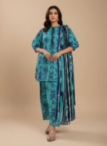 3 PC unstitched lawn fabric with blue floral and striped patterns for women's clothing.