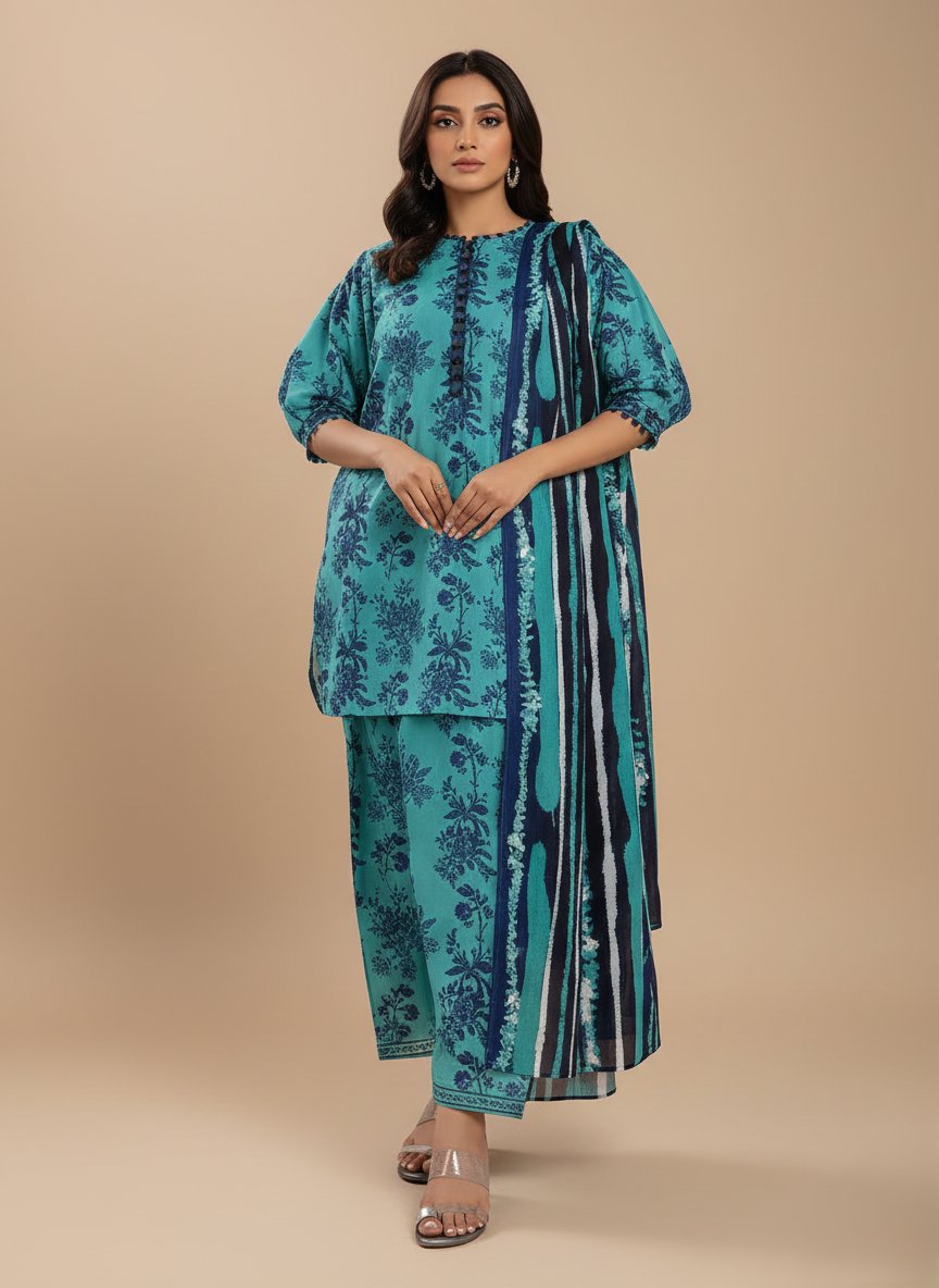 3 PC Unstitched Lawn Fabric Suit - Floral & Striped Designs for Women - 1 3 PC unstitched lawn fabric with blue floral and striped patterns for women's clothing.