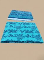 3 PC unstitched lawn fabric with blue floral and striped patterns for women's clothing.