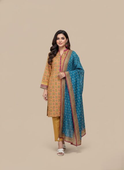 3 PC unstitched lawn fabric suit, printed lawn shirt, coordinated dupatta, and plain trousers, ideal for custom women's fashion.