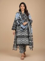 3 PC Unstitched Lawn Fabric with black floral and white geometric prints