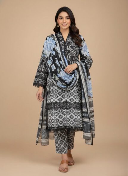 3 PC Unstitched Lawn Fabric with black floral and white geometric prints