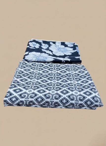 3 PC Unstitched Lawn Fabric with black floral and white geometric prints
