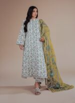 Three-piece unstitched lawn fabric sets with floral patterns in teal, mustard, white, and yellow.