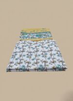 Three-piece unstitched lawn fabric sets with floral patterns in teal, mustard, white, and yellow.