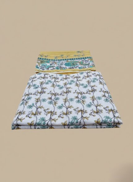 Three-piece unstitched lawn fabric sets with floral patterns in teal, mustard, white, and yellow.