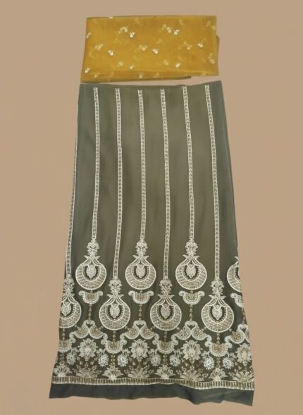 Unstitched dull olive green suit fabric (Sage/Olive Drab) with intricate contrasting embroidery on the front panel and a plain matching trouser and dupatta.