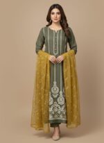 Unstitched dull olive green suit fabric (Sage/Olive Drab) with intricate contrasting embroidery on the front panel and a plain matching trouser and dupatta.