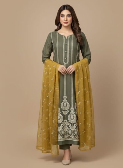 Unstitched dull olive green suit fabric (Sage/Olive Drab) with intricate contrasting embroidery on the front panel and a plain matching trouser and dupatta.