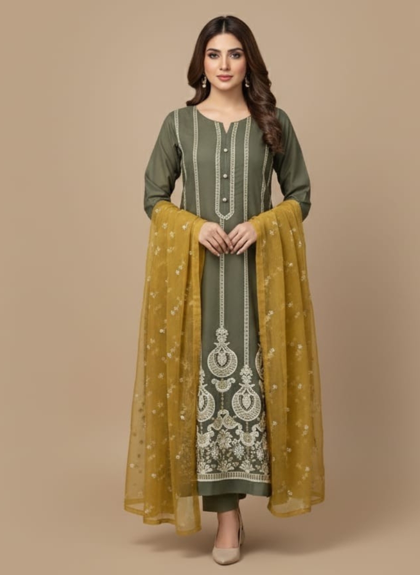 Unstitched dull olive green suit fabric (Sage/Olive Drab) with intricate contrasting embroidery on the front panel and a plain matching trouser and dupatta.