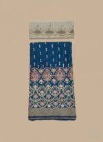 Unstitched deep teal (blue-green) formal suit fabric with elaborate gold, pink, and red traditional embroidery patterns on the lower half, and a separate light grey-green dupatta piece with scalloped cutwork and embroidery.