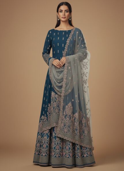 Unstitched deep teal (blue-green) formal suit fabric with elaborate gold, pink, and red traditional embroidery patterns on the lower half, and a separate light grey-green dupatta piece with scalloped cutwork and embroidery.