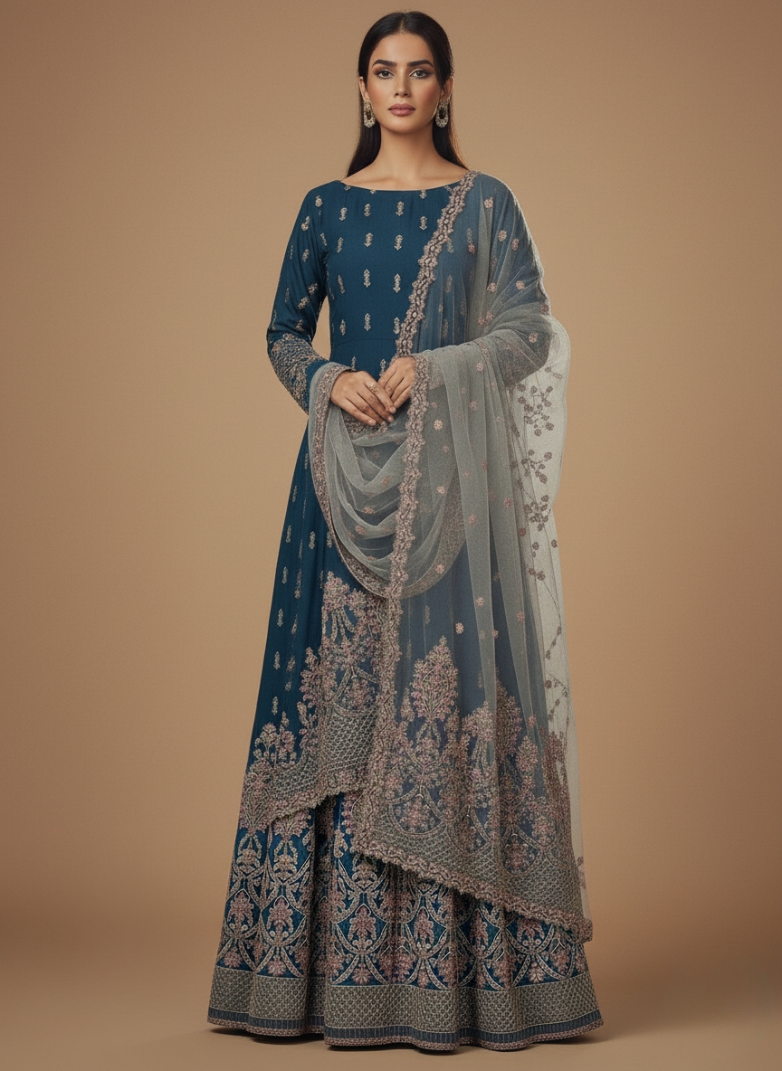 Embroidered Chiffon Suit with Cutwork Dupatta | Unstitched Formal Wear Unstitched deep teal (blue-green) formal suit fabric with elaborate gold, pink, and red traditional embroidery patterns on the lower half, and a separate light grey-green dupatta piece with scalloped cutwork and embroidery.