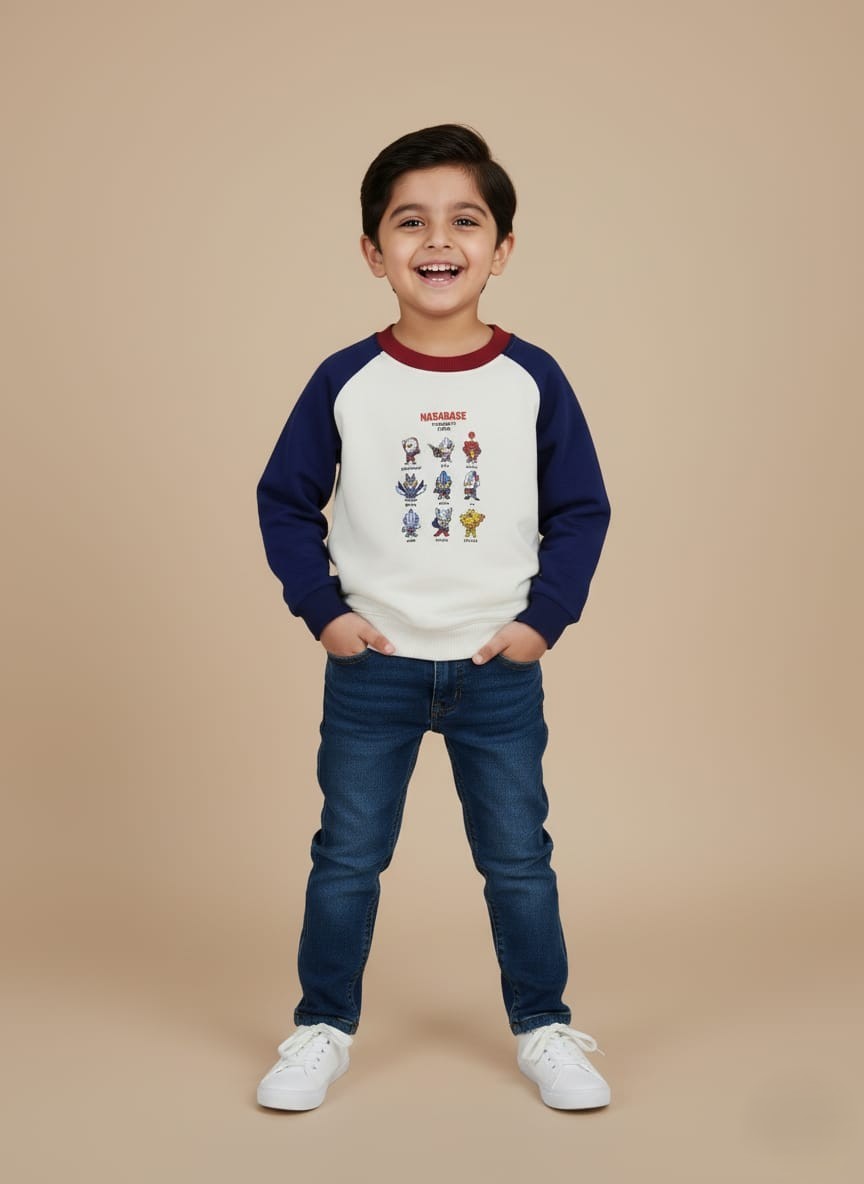 Stylish Kids Sweatshirt with Cartoon Space Characters Kids sweatshirt with navy sleeves, maroon neckline, and cartoon space characters printed on white cotton fabric.