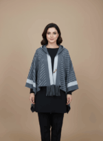 Grey women's hooded knit sweater shawl with geometric stripes and fringe