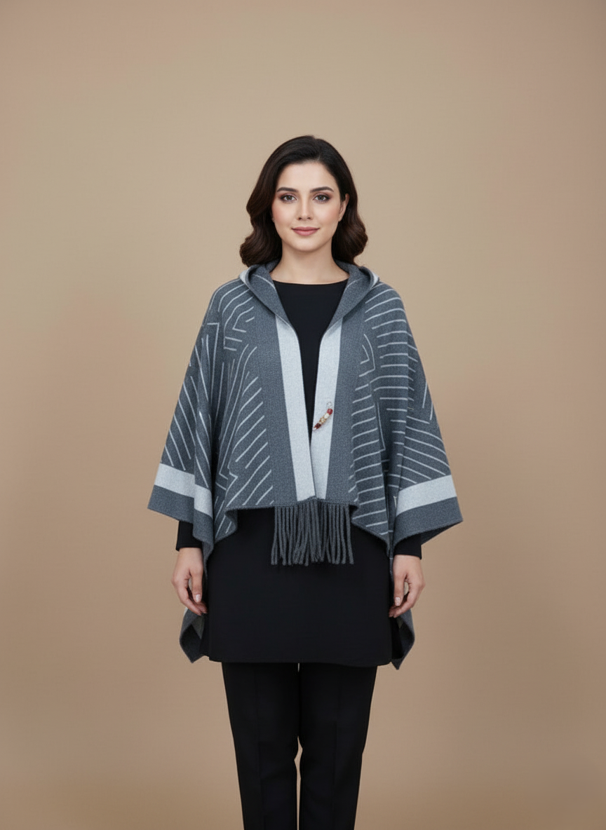 Women's Hooded Knit Sweater Shawl with Fringe Grey women's hooded knit sweater shawl with geometric stripes and fringe