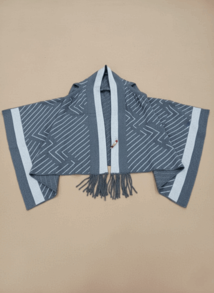 Grey women's hooded knit sweater shawl with geometric stripes and fringe