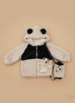 Beige and black panda-style kids winter hoodie with plush toy and bag.