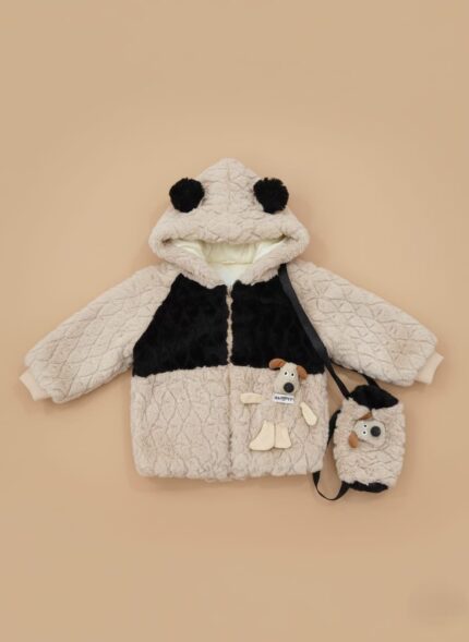 Beige and black panda-style kids winter hoodie with plush toy and bag.