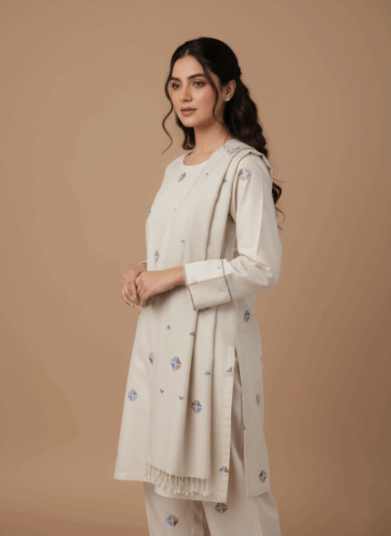 Printed wool Shawl with Geometric print and Fringe