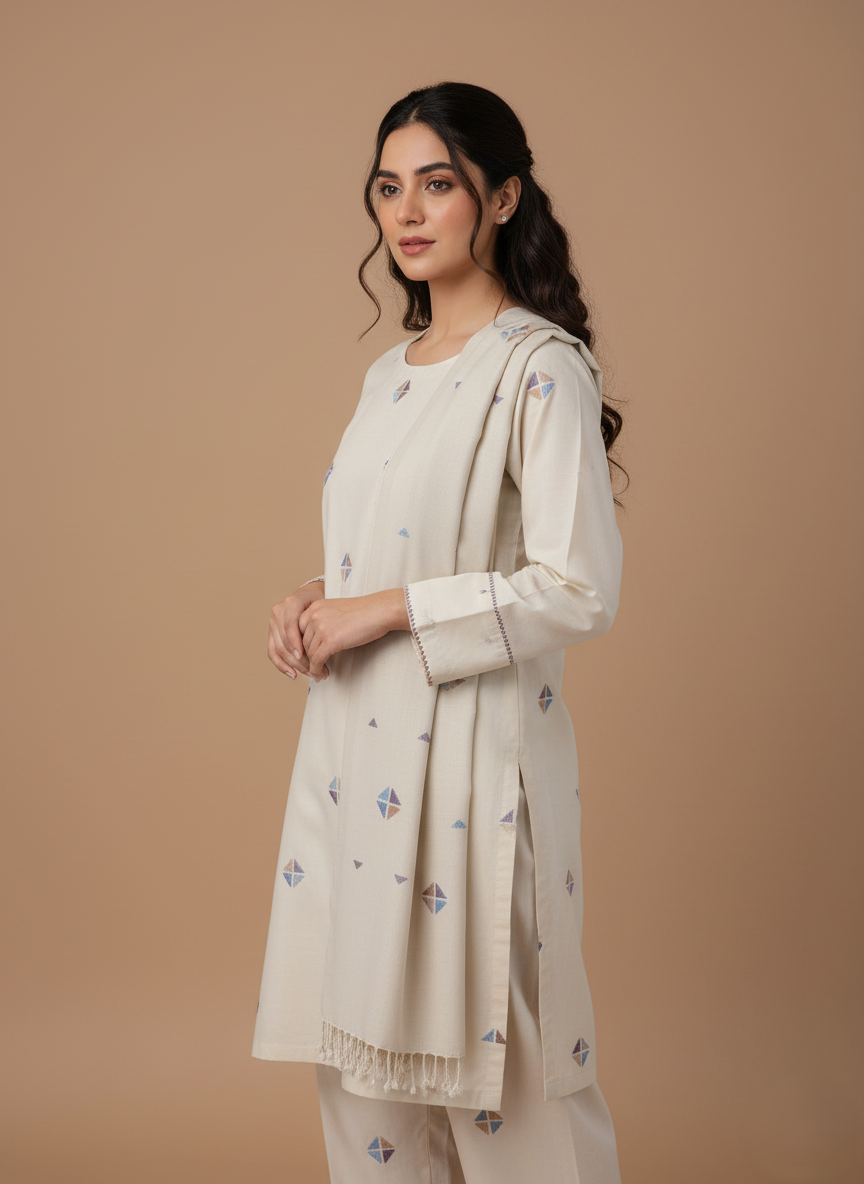 Artisan Handloom Wool Shawl with Geometric Embroidery Printed wool Shawl with Geometric print and Fringe