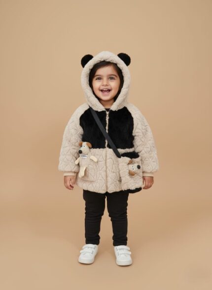 Child wearing panda hoodie with ears and plush toy bag – cozy kids winter outfit.