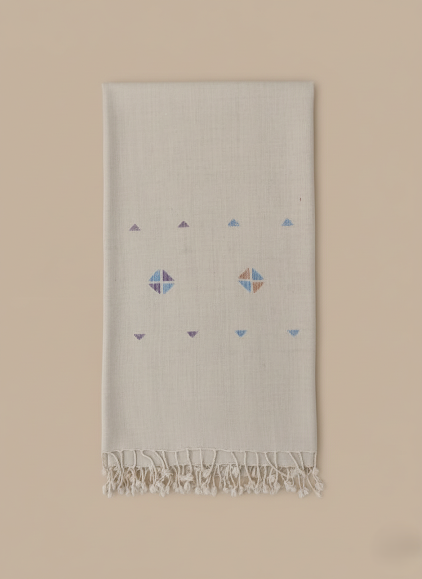 Handloom Cotton Shawl with Geometric Embroidery and Fringe