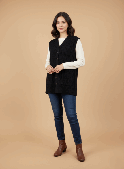 Women's black cable knit sweater vest with buttons and pockets on a beige background