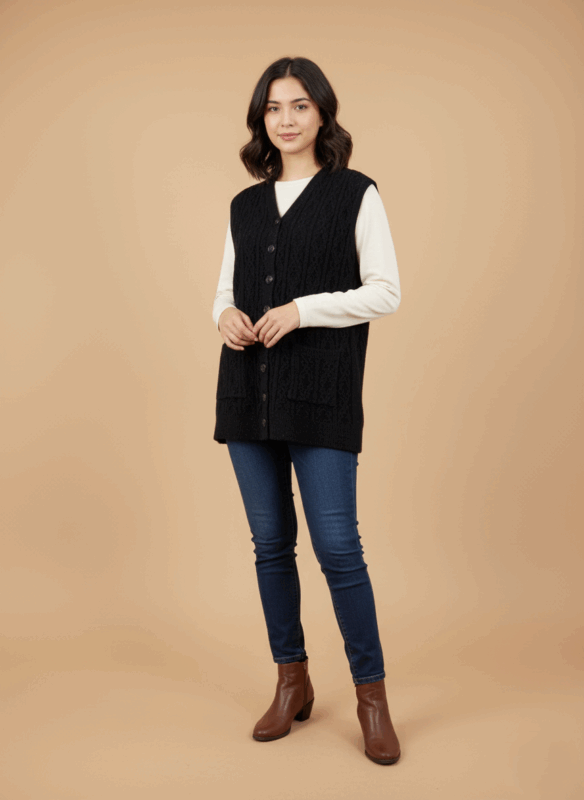 Women's black cable knit sweater vest with buttons and pockets on a beige background