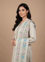 Embroidered Floral Shawl with pastel blue and pink flowers and green leaves. Elegant women's shawl.