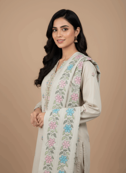 Embroidered Floral Shawl with pastel blue and pink flowers and green leaves. Elegant women's shawl.