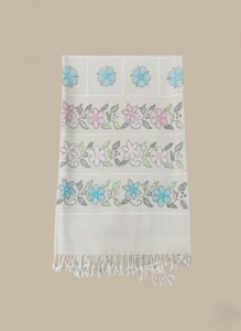 Hand-Embroidered Floral Shawl with pastel blue and pink flowers and green leaves. Elegant women's shawl.