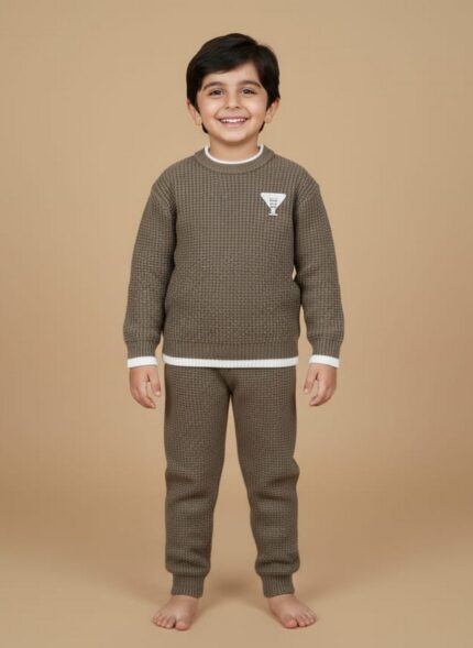 Boy wearing brown knit sweater set for winter
