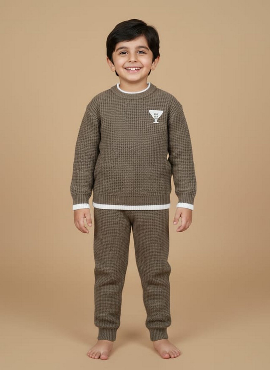 Stylish Boys Brown Sweater Set Boy wearing brown knit sweater set for winter