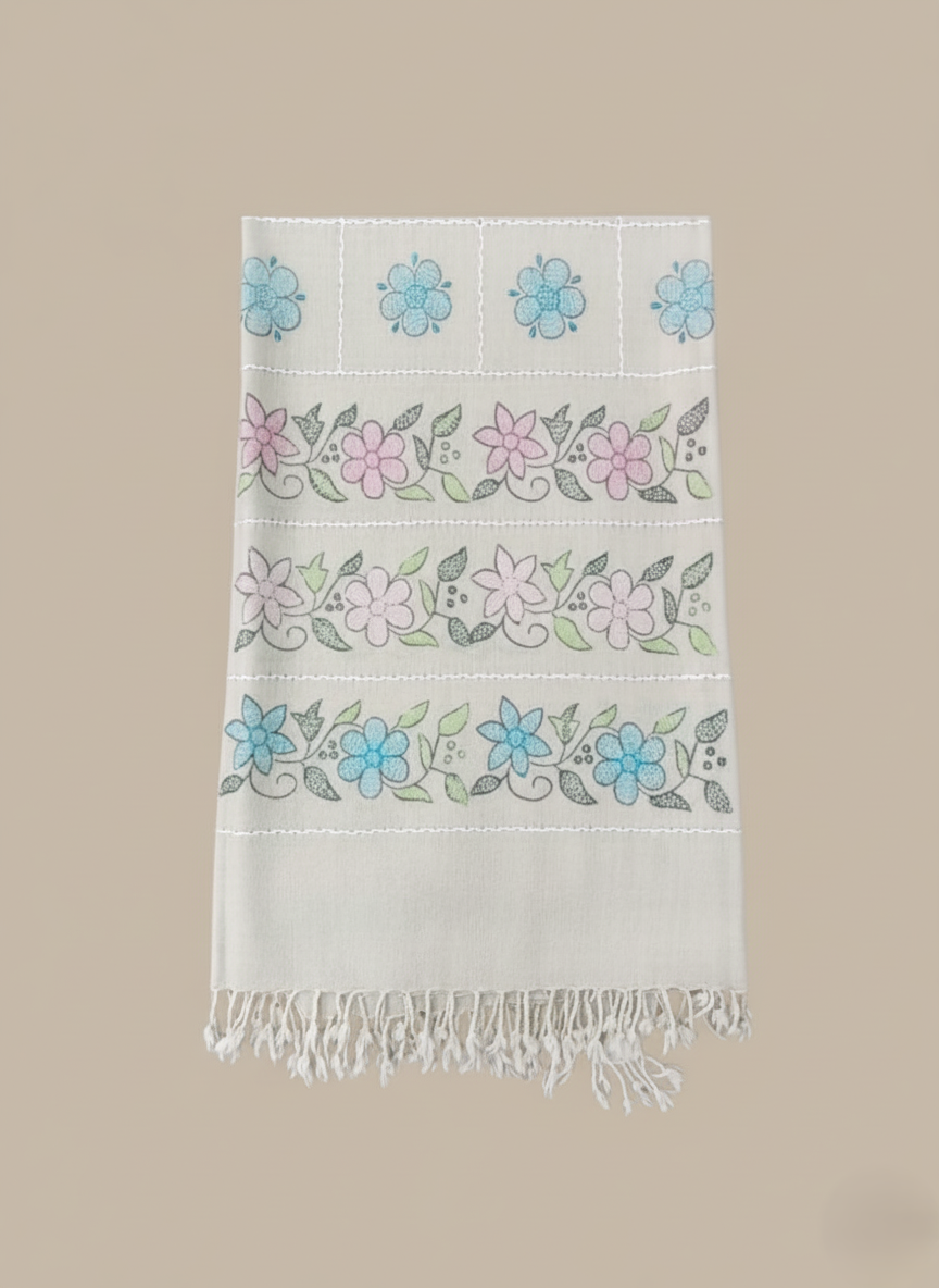 Hand-Embroidered Floral Shawl with pastel blue and pink flowers and green leaves. Elegant women's shawl.