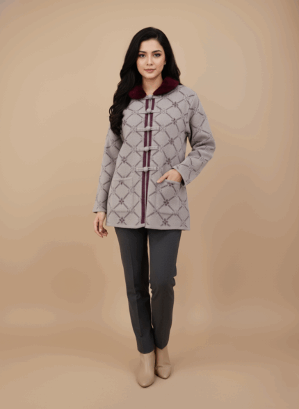 Gray women's winter sweater with burgundy faux fur collar and patterned knit.