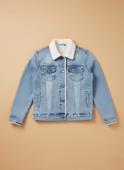 Boys light blue denim jacket with faux fur collar and sherpa lining for winter wear.