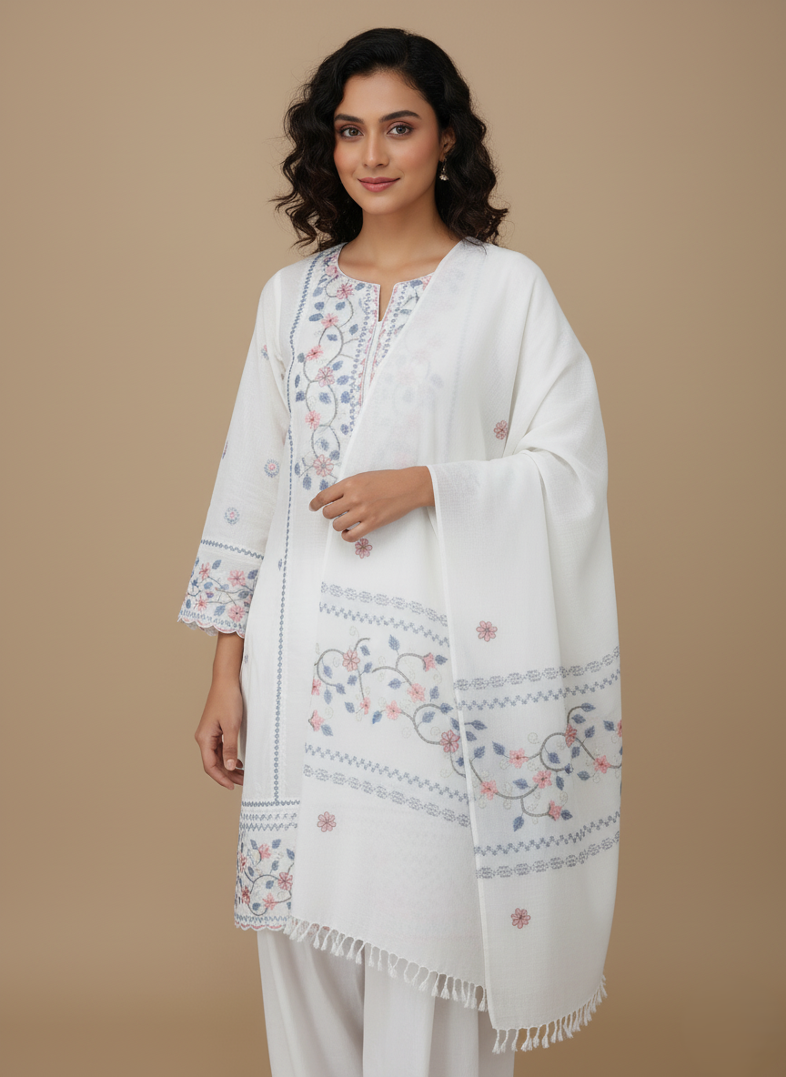 Elegant Embroidered Floral Shawl for Women White embroidered floral shawl with pink and blue flower and leaf patterns and fringed edges.